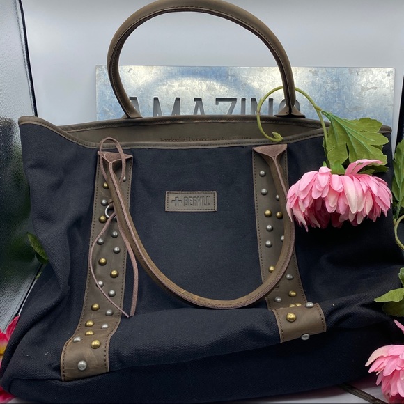 beryll Handbags - Beryll Black & Brown Canvas Leather Tote with studded design
